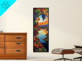 Grapevine Sunset, River, Wine Country Landscape Framed Canvas Print, Kitchen Wall Art, Autumn Boho Decor, Colorful Vineyard Scene