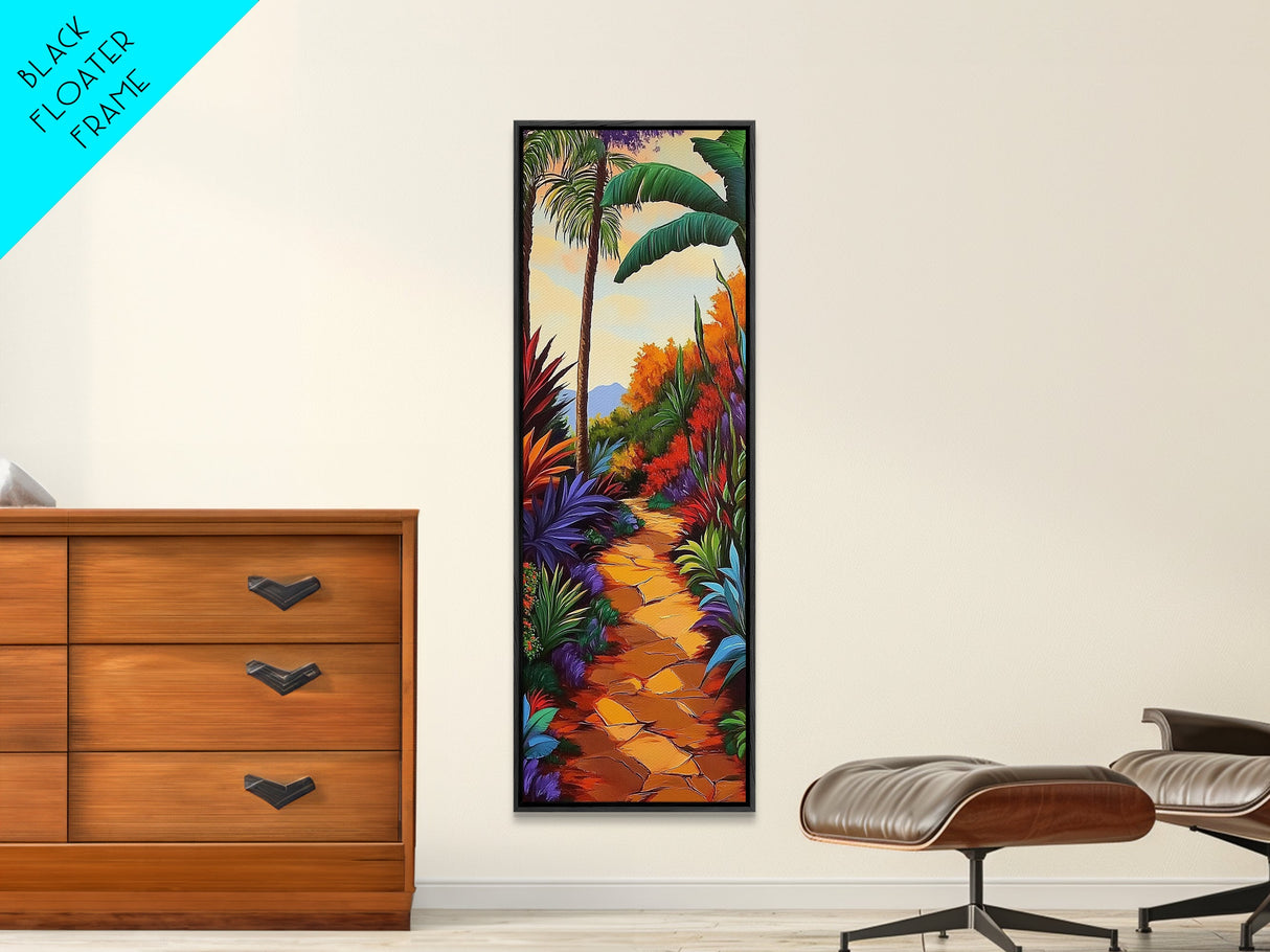 Tropical Pathway, Palms, Jungle Walkway Framed Canvas Print, Bohemian Wall Art, Bedroom Botanical Decor, Vibrant Nature Illustration