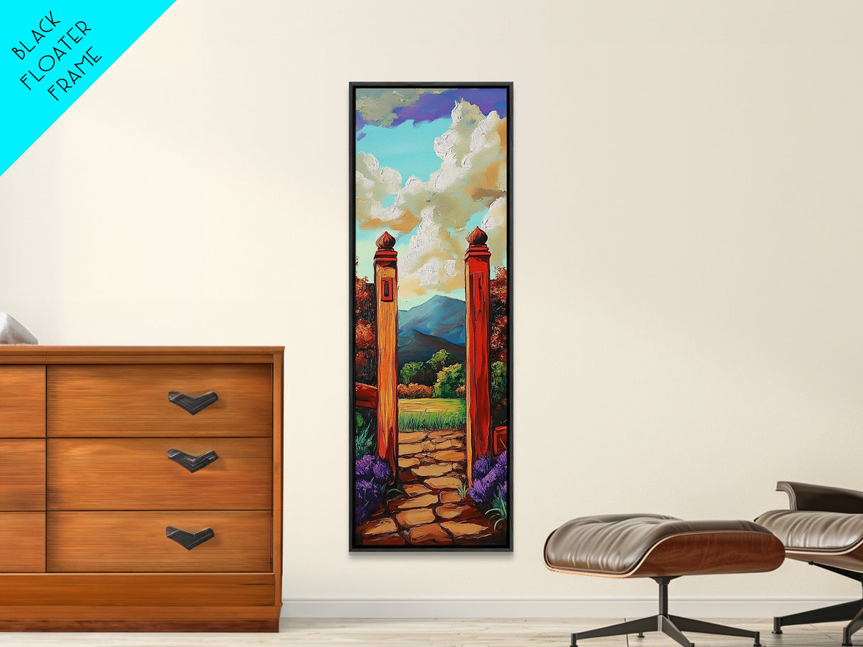 Country Gate, Meadow, Rustic Garden Landscape Framed Canvas Print, Farmhouse Wall Art, Autumn Entryway Decor, Peaceful Nature Scene