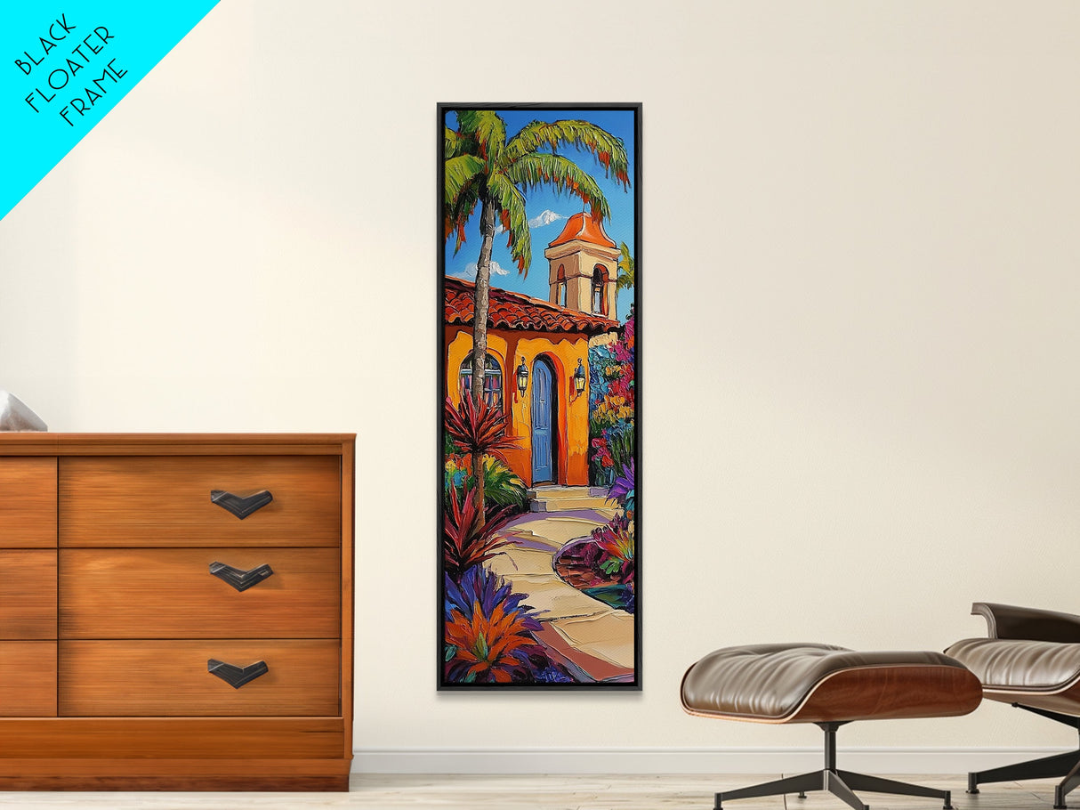 Spanish Villa, Garden, Tropical House Framed Canvas Print, Southwestern Wall Decor, Vibrant Living Room Art, Colorful Home Scene