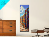 Fence Desert, Colorful, Southwest Boho Vibes Framed Canvas Print, Rustic Living Room Art, Eclectic Wall Decor, Vibrant Folk Style