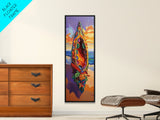 Canoe Beach, Sunset, Vibrant Boat Art Framed Canvas Print, Coastal Wall Decor, Tropical Living Room Art, Colorful Boho Adventure Scene