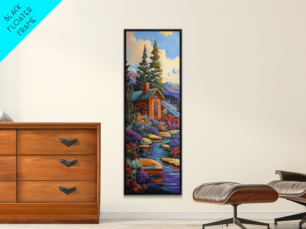 Mountain Cabin, Forest Path, Autumn Escape, Framed Canvas Print, cozy fall cabin wall art, rustic lodge decor, nature inspired artwork