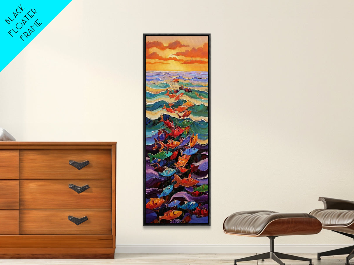 Ocean Journey, Colorful Fish, Sunrise Waves, Framed Canvas Print, vibrant coastal fish painting, kids room or nautical beach house art