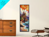 Seascape Beach, Sunrise, Rocks, Framed Canvas Print, Coastal seascape beach painting, vivid sunrise wall decor, coastal living room wall art