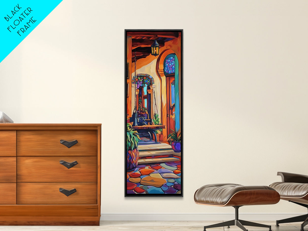 Spanish Rustic Courtyard Art, Framed Canvas Print vibrant Mexican home decor, boho kitchen wall art, hacienda inspired, warm earthy tones