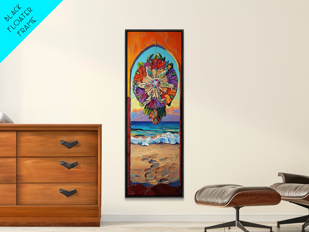 Sunset Beach, Mandala, Coastal Archway Framed Canvas Print, Boho Ocean Wall Art, Vibrant Entryway Decor, Spiritual Coastal Style