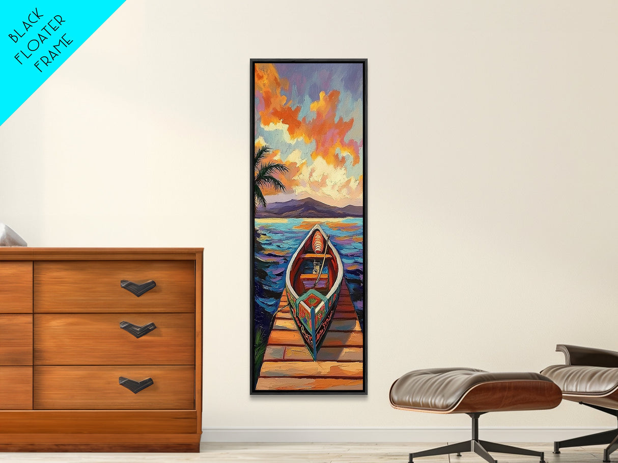 Tropical Boat Sunset Painting, Canvas Print coastal boat art, Caribbean vibe, boho beach house decor, entryway or bathroom wall piece