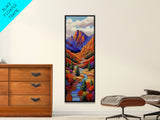 Autumn River, Bold Mountains, Canyon, Nature Wall Decor, Framed Canvas Print, Fall Living Room Art, Colorful Landscape Style