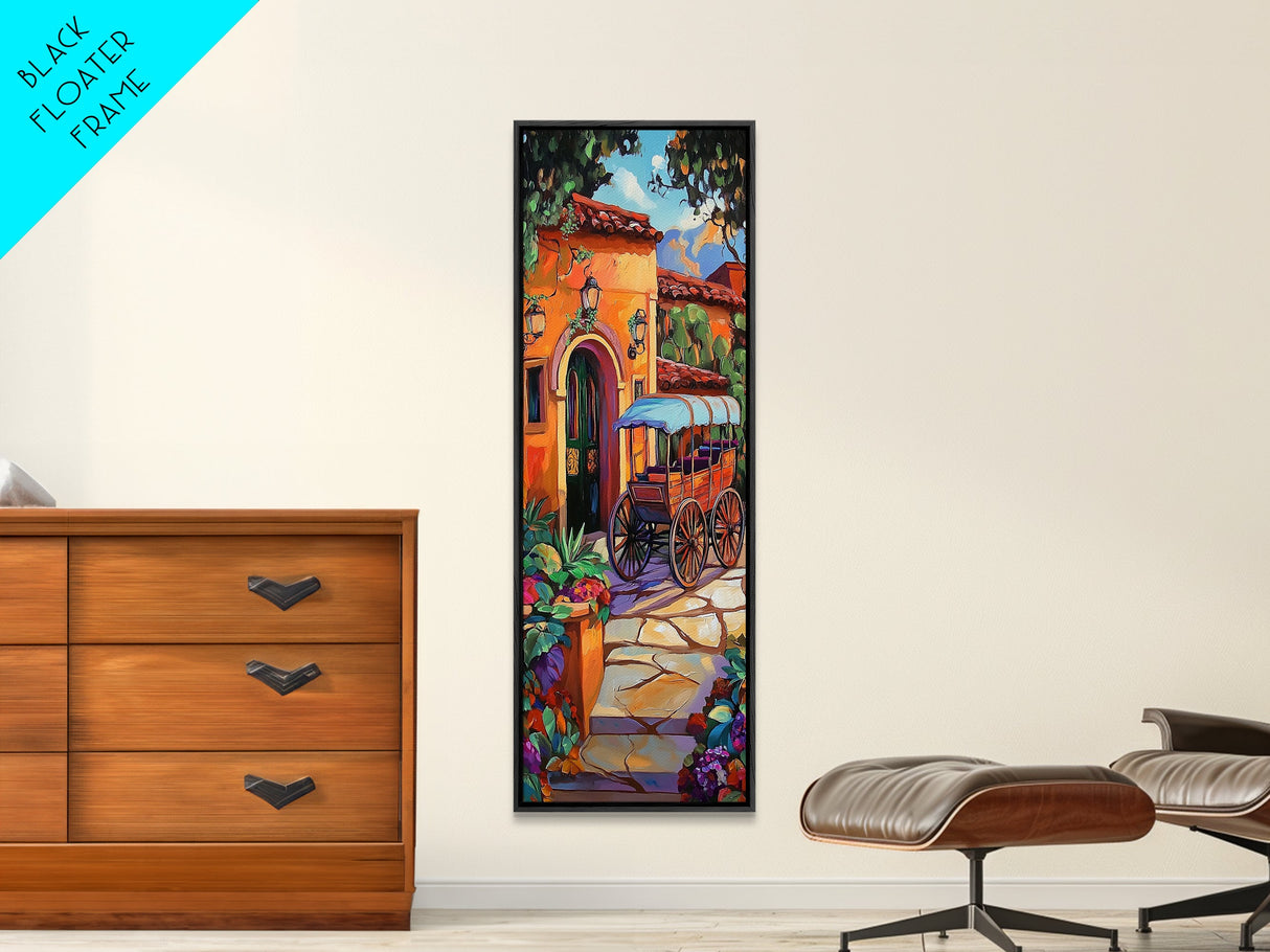 Cart Villa, Garden, Framed Canvas Print, Vibrant Mexican courtyard with wooden cart painting, hacienda decor, hallway rustic wall art