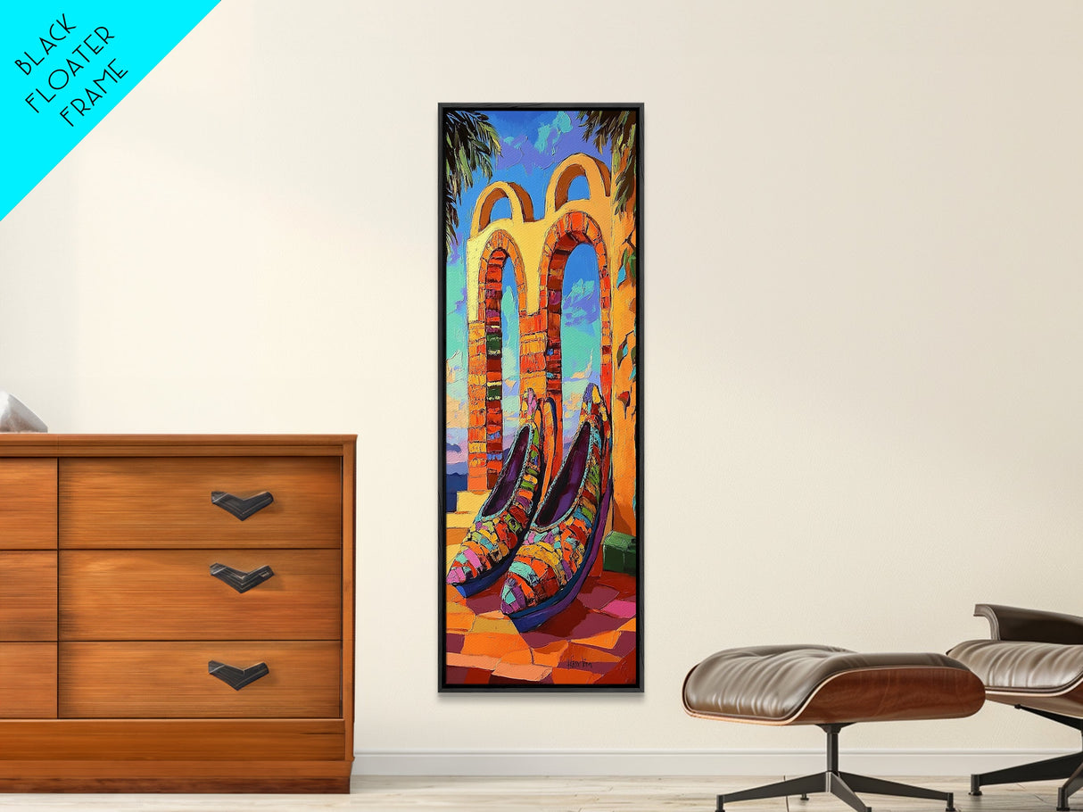 Shoes Archway, Sunset, Canvas Print, Colorful heels with sunset archway background painting, eclectic fashion art, bedroom decor