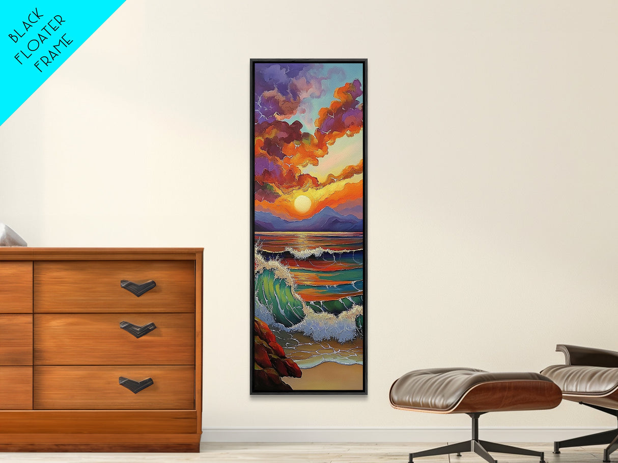 Sunset Seascape, Waves, Ocean Framed Canvas Print vivid wave crashing art, colorful sky landscape, modern coastal art, beach house decor