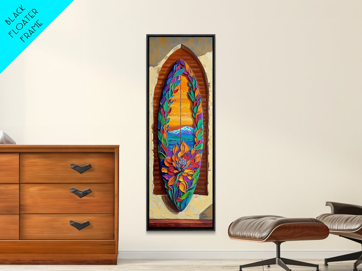 Surfboard Flower, Ocean, Framed Canvas Print, Tropical Beach Wall Art, Boho Coastal Decor, Colorful Surfboard Painting, Bedroom Art