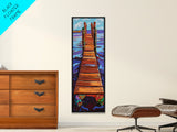 Dock Ocean, Pier, Framed Canvas Print, Seaside Wall Art, Nautical Coastal Decor, Whimsical Ocean Painting, Beach House Style