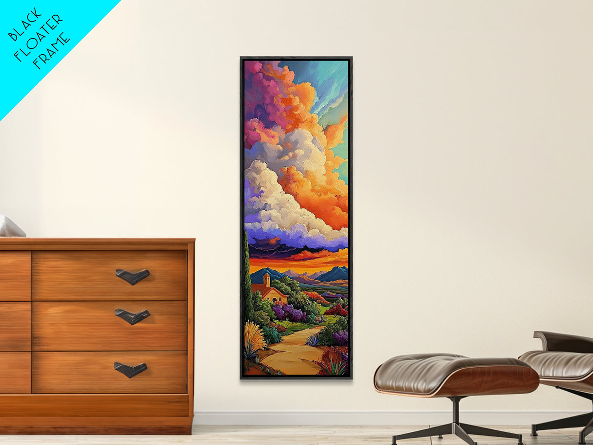 Church Sunset, Mountains, Framed Canvas Print, Autumn Landscape Wall Art, Rustic Living Room Decor, Colorful Fall Countryside Scene
