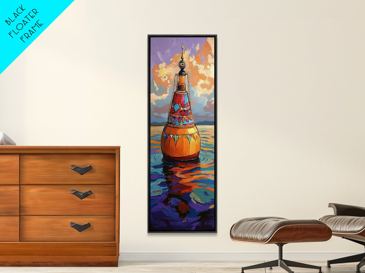 Vibrant Buoy, Sunset Waterscape – Nautical Wall Decor, Coastal Art, Ocean Room Accent, Framed Canvas Print, Colorful Boho Sea Art