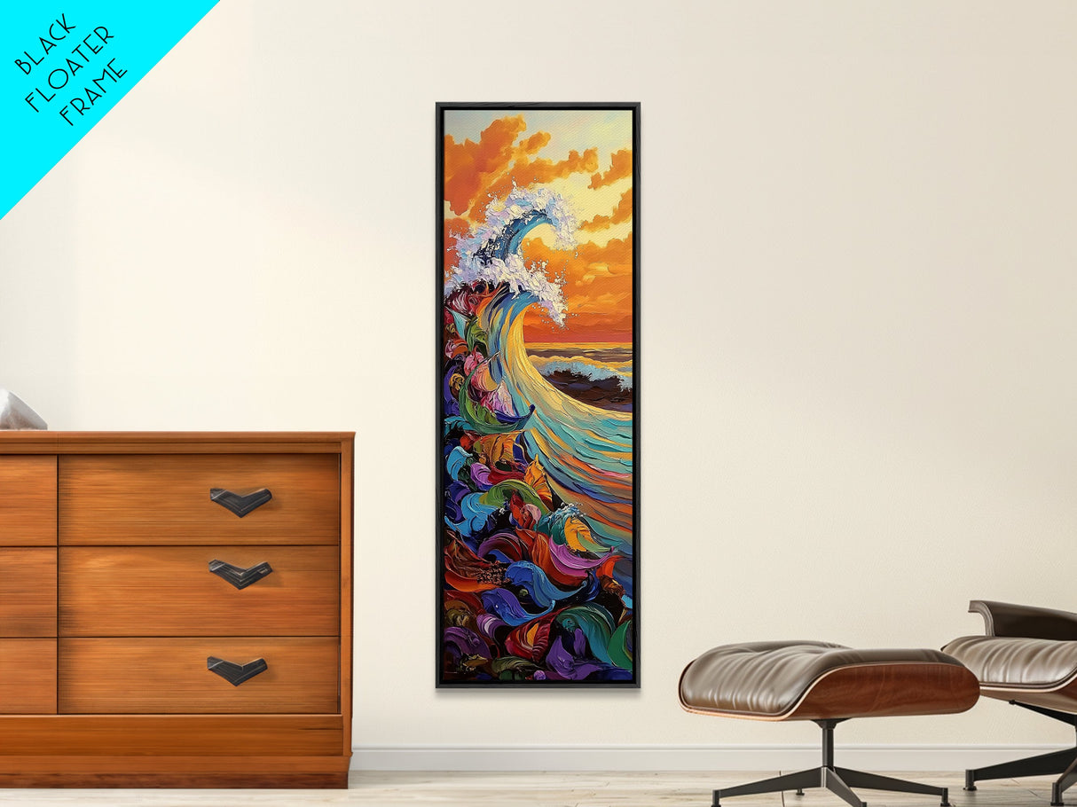 Ocean Wave, Sunset, Splash - Framed Canvas Print coastal wall art, colorful seascape decor, vibrant wave art, living room beach painting