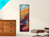 Cup Hibiscus, Coffee, Bold - Framed Canvas Print coffee lover gift, tropical mug painting, breakfast nook decor, colorful boho wall art