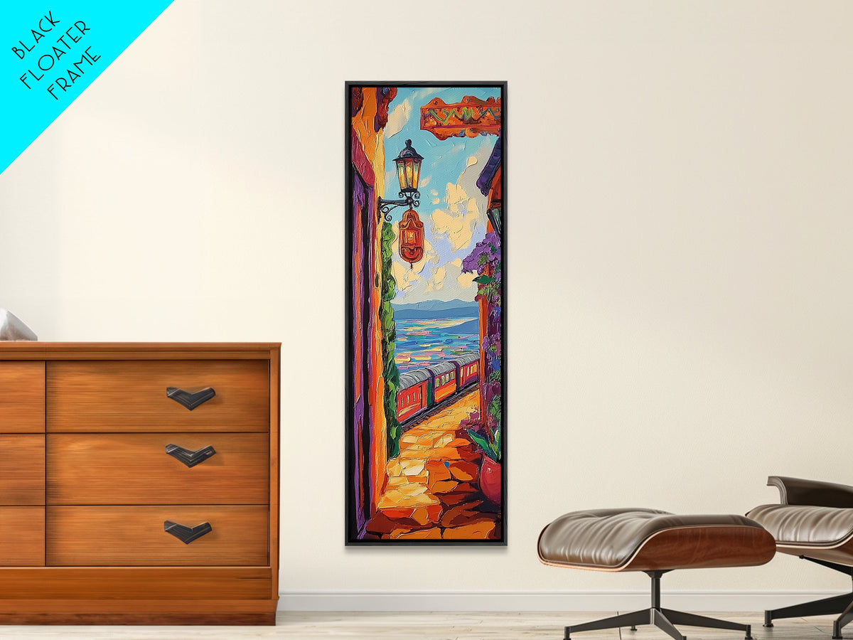 Train Seaside, Pathway Charming — Framed Canvas Print, whimsical travel artwork, Mediterranean street painting, kitchen decor, coastal scene