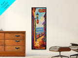 Train Seaside, Pathway Charming — Framed Canvas Print, whimsical travel artwork, Mediterranean street painting, kitchen decor, coastal scene