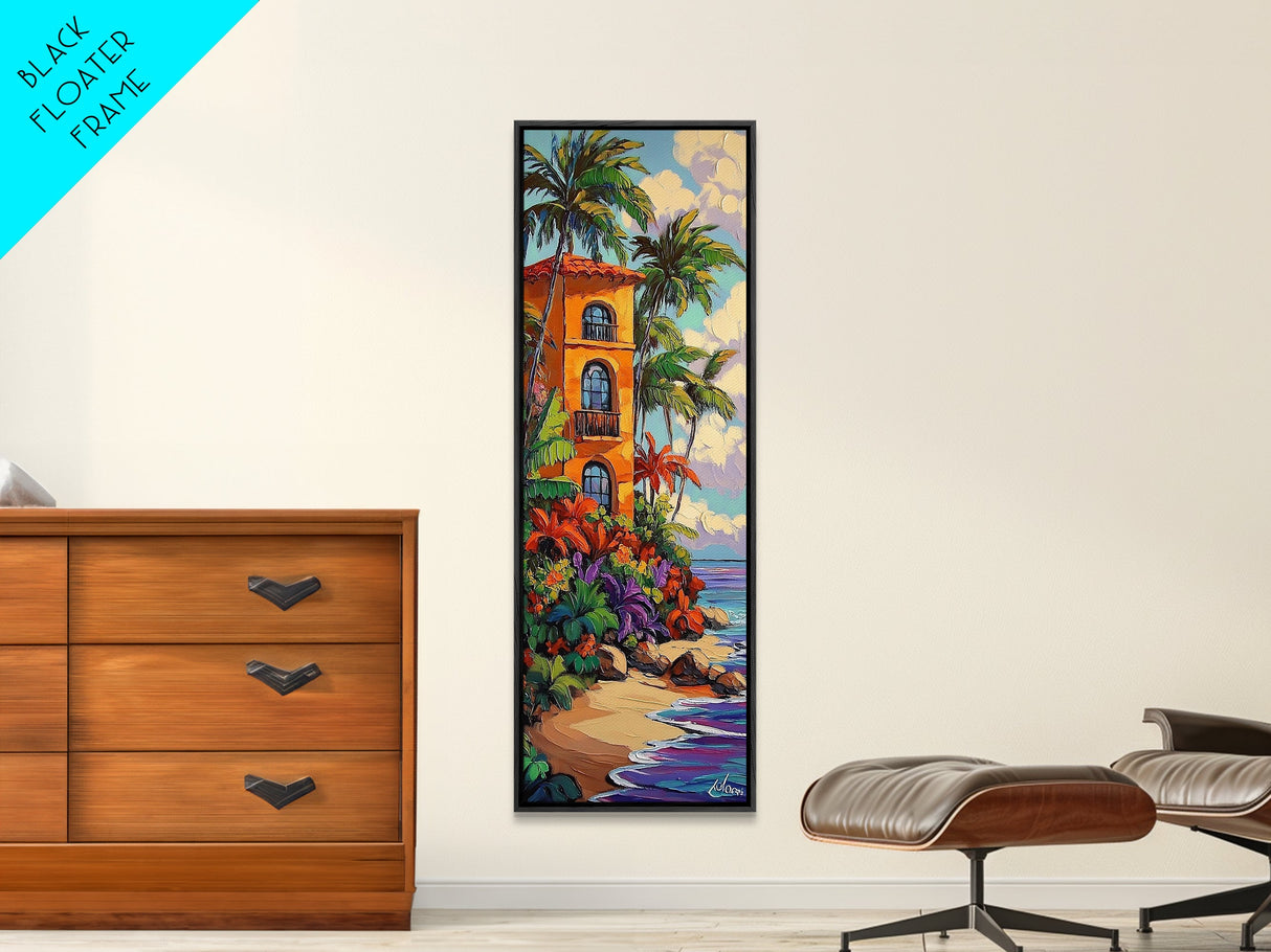 Villa Palms, Beach Colorful — Framed Canvas Print, tropical vacation home decor, beach house art, vibrant coastal scene, entryway print