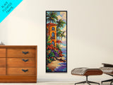 Villa Palms, Beach Colorful — Framed Canvas Print, tropical vacation home decor, beach house art, vibrant coastal scene, entryway print