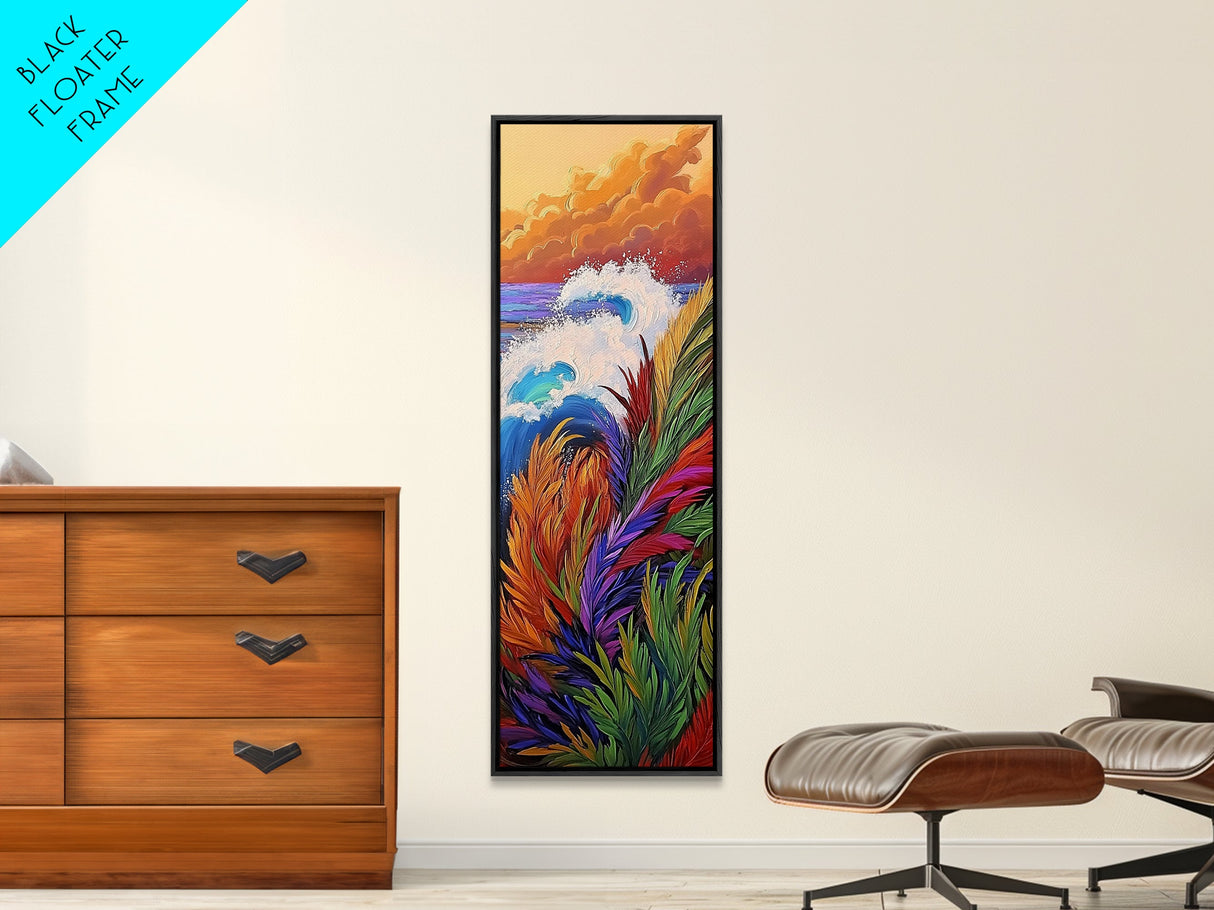 Colorful Wave, Ocean Sunset, Coastal Wall Decor, Framed Canvas Print, Vibrant Seascape Art, Beach House Accent, Boho Living Room Art