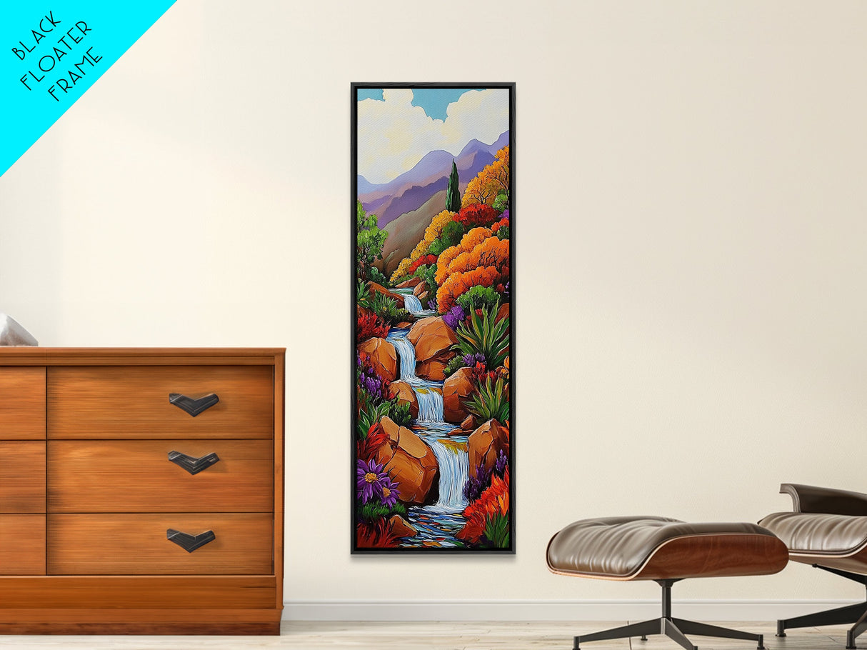 Waterfall Garden, Autumn Colors, Mountain Landscape Art, Framed Canvas Print, Nature Scene Wall Decor, Cozy Living Room Accent