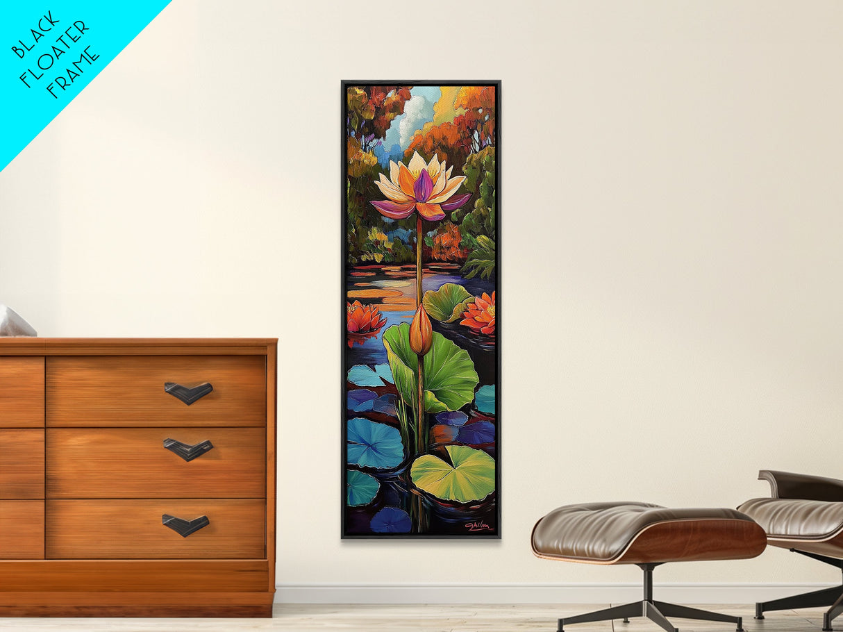 Lotus Blossom, Tranquil Pond, Fall Water Garden, Framed Canvas Print, Zen Wall Decor, Spa Bathroom Art, Peaceful Floral Meditation Art