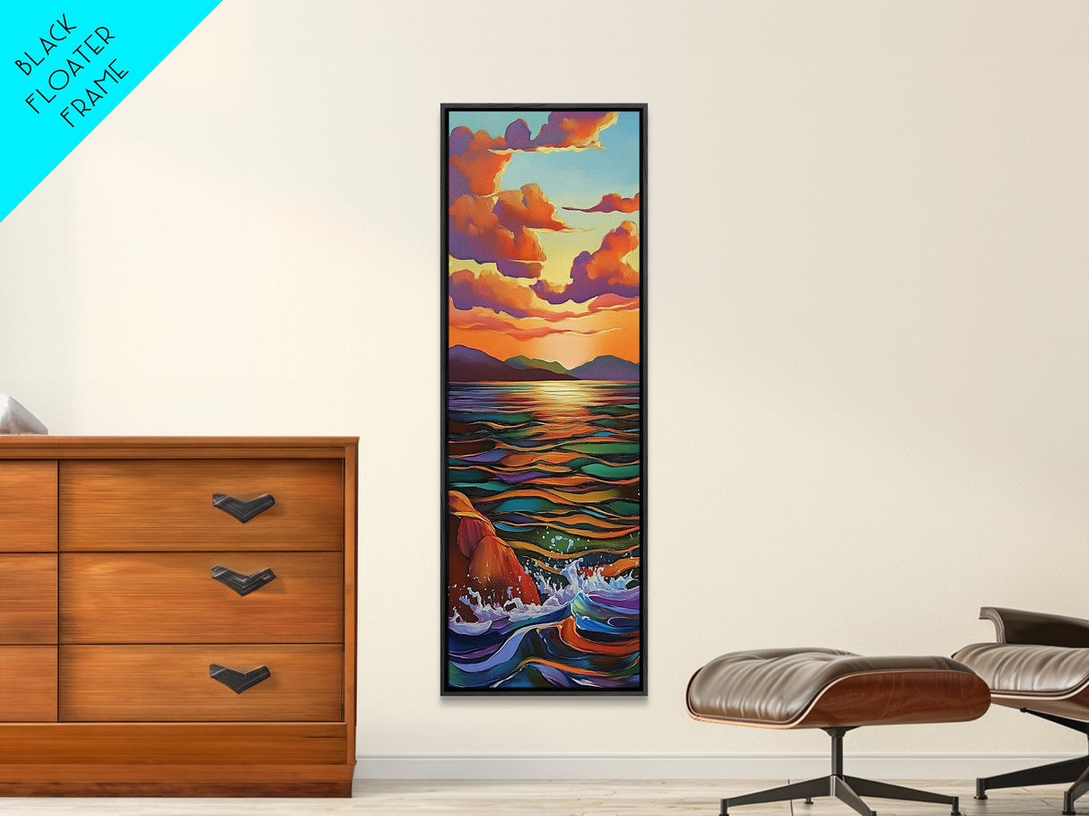 Sunset Ocean Serenity Horizon – Tranquil Coastal Wall Art, Vibrant Color Seascape, Framed Canvas Print, Bedroom or Bathroom Art