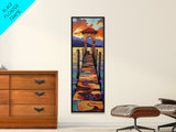Sunset Pier, Pathway, Landscape, Framed Canvas Print, Coastal Wall Art, Sunset Beach Decor, Living Room Art, Colorful Landscape Painting