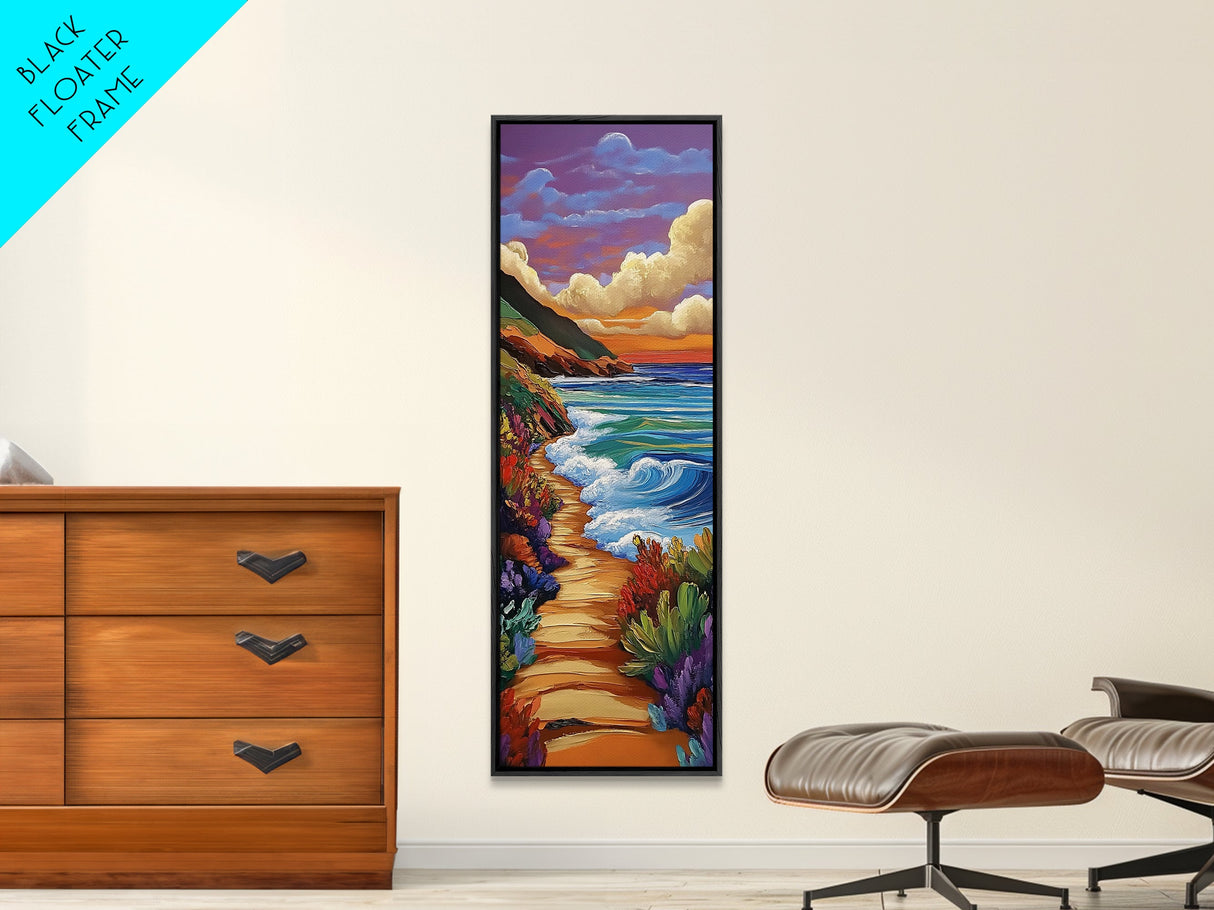 Beach Path, Coastal, Sunset, Framed Canvas Print, Ocean Wall Art, Beach House Hallway Decor, Colorful Nature Painting, Tropical Vibes
