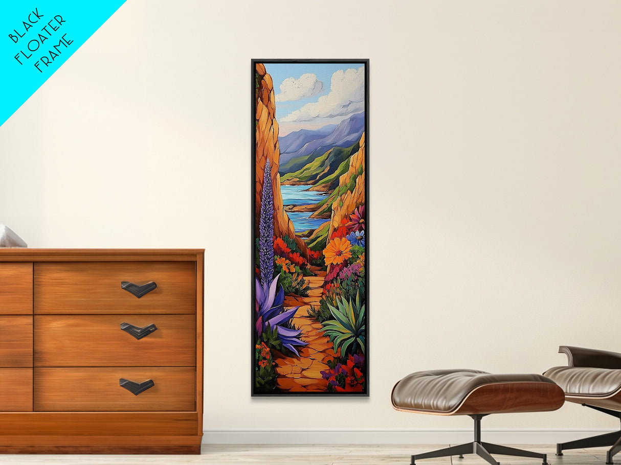 Colorful Desert, Garden, Pathway, Framed Canvas Print, boho art, hallway wall decor, vibrant landscape painting, cactus desert art