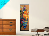 Surfboard Tropical, Sunset, Palm, Framed Canvas Print, Hawaiian surf art, beach house decor, vibrant coastal living room artwork