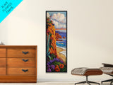 Ocean Cliff, Bloom, Sunset, Canvas Print, colorful coastal painting, fall flower art, boho beach house wall art, living room decor