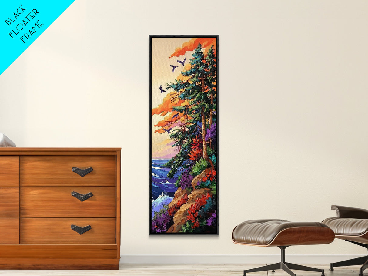 Forest Cliffside, Birds, Ocean, Canvas Print, vibrant fall art, whimsical nature scene, cabin wall art, living room or den decor
