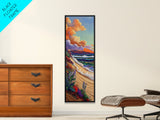 Shoreline Wildflowers, Waves, Sunset, Framed Canvas Print, beach boho art, floral coastal scene, bathroom or bedroom wall decor
