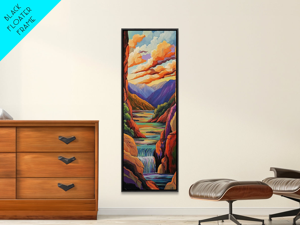 Canyon Sunset, Waterfall Calm, Framed Canvas Print, dramatic mountain wall art, nature inspired living room decor, colorful scenic landscape