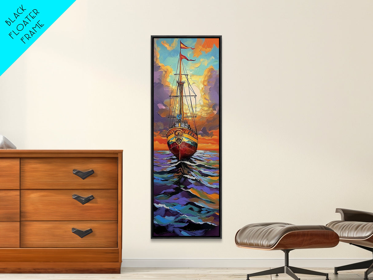 Pirate Ship, Sunset Ocean, Framed Canvas Print, nautical wall art, sailing adventure painting, moody seascape decor, office or den wall art