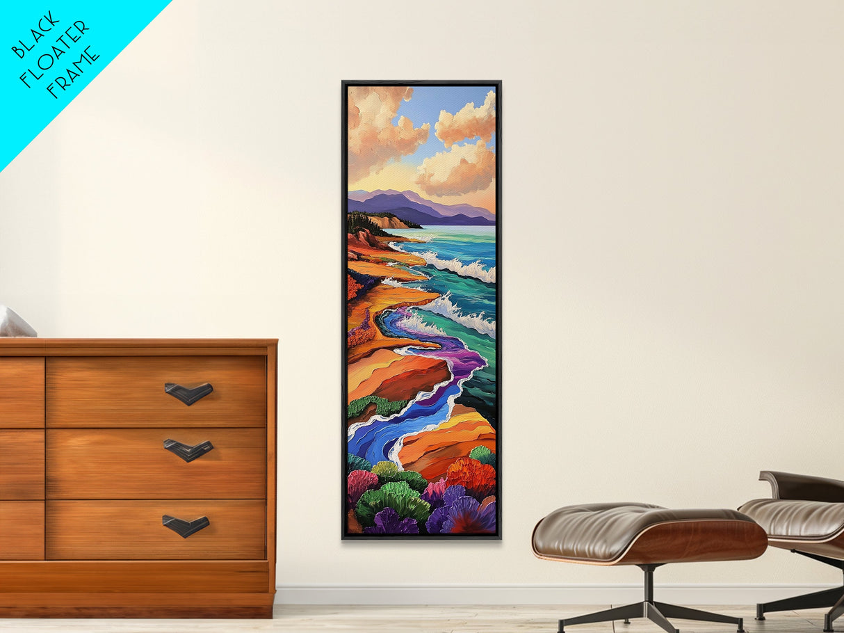 Coastal Waves, Flowers Landscape, Framed Canvas Print, Coastal wall art, beach landscape decor, boho style, bathroom or hallway art