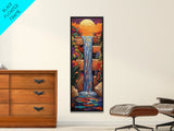 Sunset Waterfall, Flowers Fantasy, Framed Canvas Print, Vibrant landscape art, living room boho decor, magical nature scene