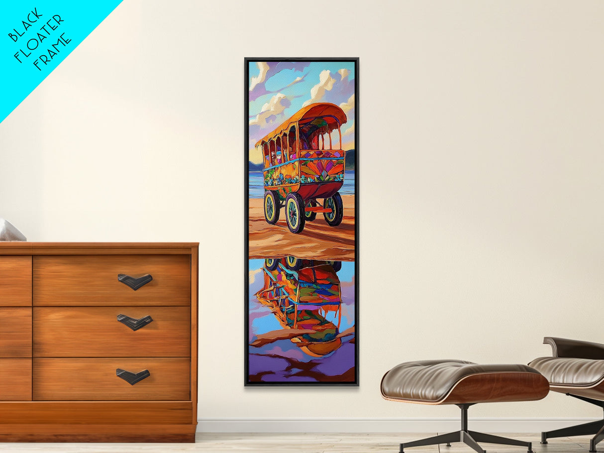 Wagon Reflection, Beach Vibrant, Framed Canvas Print, Colorful bohemian coastal art, living room decor, whimsical wall painting