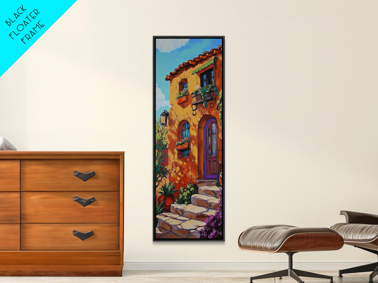 Villa Mediterranean, Doorway Autumn, Framed Canvas Print, Warm Tuscany house painting, rustic wall art, kitchen or entryway decor