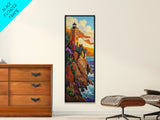 Lighthouse Sunset, Ocean Rocky, Framed Canvas Print, Nautical coastal art, lighthouse wall decor, living room or beach house art