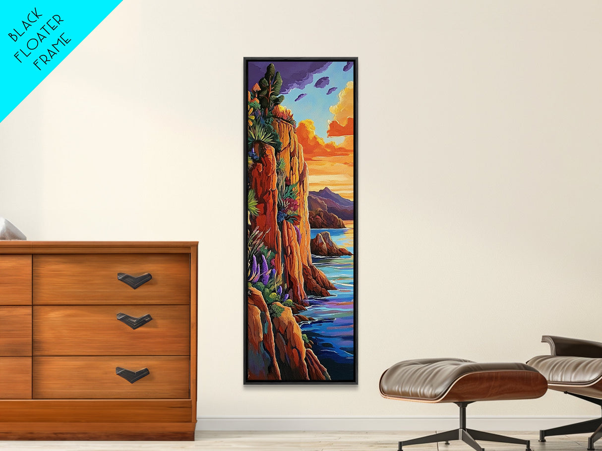 Sunset Cliffside, Ocean Tropical, Framed Canvas Print, Bold rocky coastline painting, tropical wall art, den or office decor piece