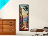 Seaside Church, Palms, Sunset - Framed Canvas Print, Mediterranean beach painting, boho villa wall art, living room or hallway accent piece