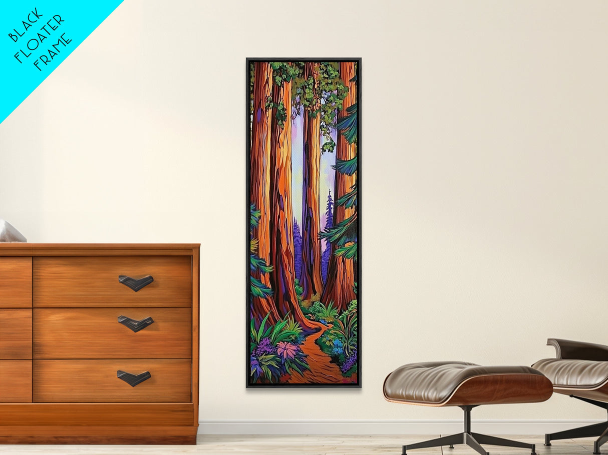 Redwood Forest, Pathway, Serenity - Framed Canvas Print, majestic tall trees art, calming woodland wall décor, rustic cabin or den decor