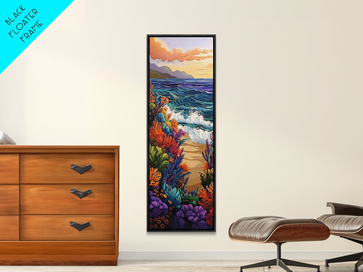 Ocean Waves, Coral Sunset, Canvas Print, Coastal living room wall art, colorful seascape painting, underwater reef design, tropical beach vibe