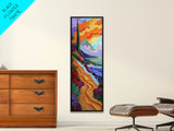 Sunset Beach, Garden, Path, Canvas Print, Autumn coastal art, bold floral landscape painting, entryway wall decor, seaside home accent