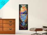 Mountain Canyon Sunset Water, Canvas Print, Sunset wall art, serene canyon lake painting, nature inspired hallway decor, boho peaceful print
